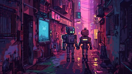 Craft a pixel art scene of robotic lovers holding hands as they walk along a neon-lit alley, with a retro-futuristic vibe that combines nostalgic charm with a touch of robotic whimsy