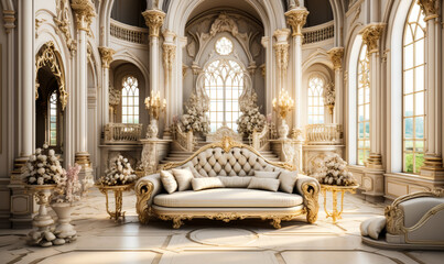 Opulent Palace Interior: Regal Golden Room with Elegant Furnishings and Lush Greenery - obrazy, fototapety, plakaty