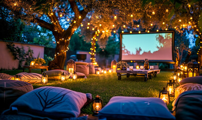 Enchanting Outdoor Cinema Party Setup: String Lights, Projector Screen, and Cozy Seating for Corporate Events