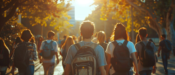 A group of students rushing to college classes on a sunny day. - obrazy, fototapety, plakaty