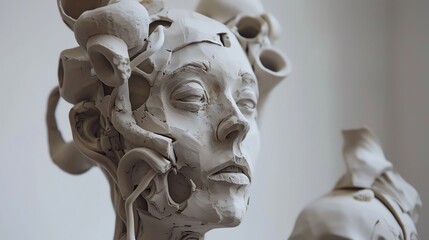 Craft a surreal composition with clay sculptures portraying futuristic technologies entwined with horror themes, presenting a twisted perspective from unexpected camera angles to enhance the unsettlin