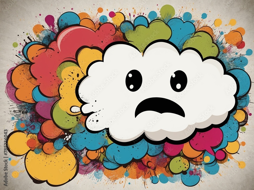 Poster cloud with sad expression central figure in this image, surrounded by explosion of colorful splashes