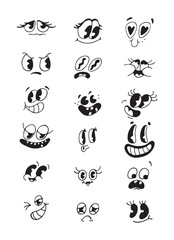 Cute face drawing doodle character retro. Black and white animated face. Facial expression, character. Face sticker. Doodle. Hand drawn. Vector illustration.