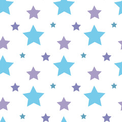 Seamless pattern with festive blue and violet stars on white backgound. Vector image.
