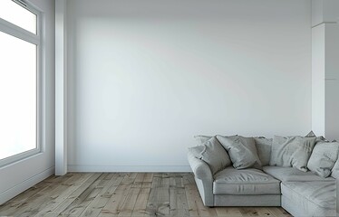 A living room view with a couch, white wall, empty wall, for a artwork mockup display no frame on the wall