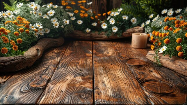 Flowers behind empty wooden table