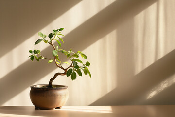 Deciduous bonsai tree in a ceramic, shallow pot on a light brown background. Stands indoors on a table.