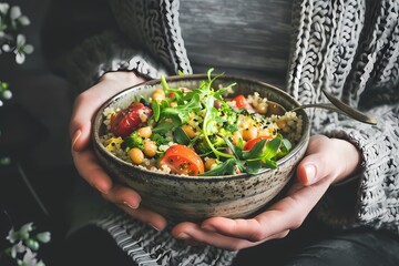 Bowl of Spicy Tofu and calligraphy on top, vegetables salad with sweet hot sauce dressing in the bowl. Ai generated