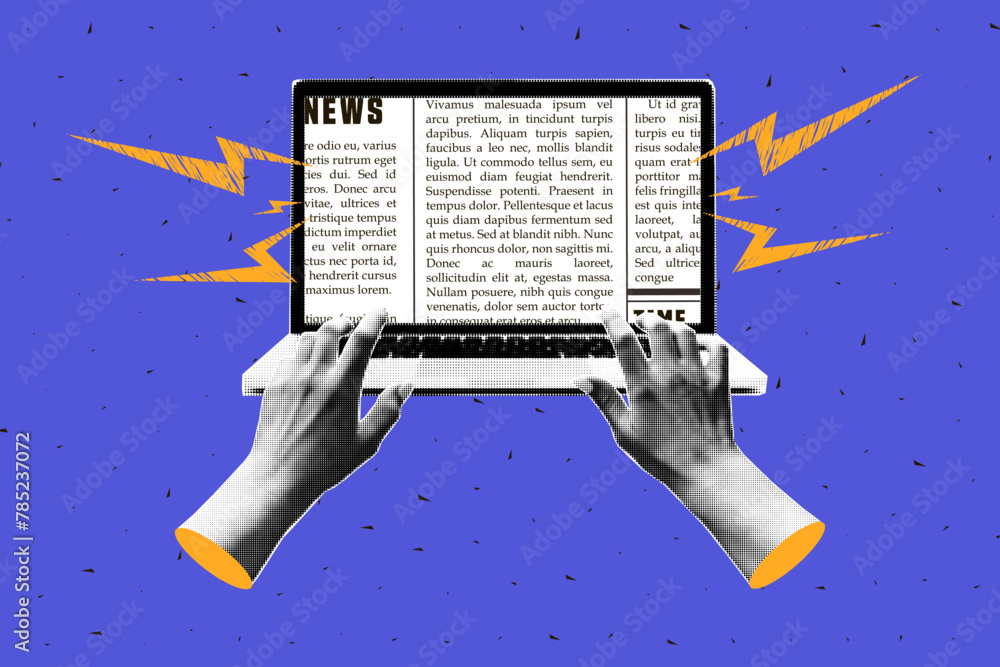Fototapete trendy halftone collage with laptops and hands that print a newspaper on it. modern vector design.