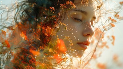 a poised female portrait, blending seamlessly with a double exposure of an autumn forest canopy, her gaze catching focused light as leaves trace her contours