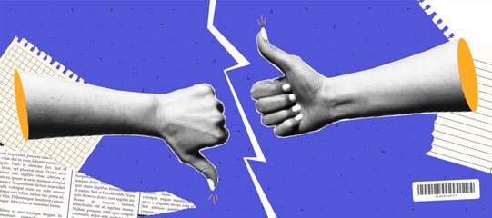 Halftone collage of a hand with thumbs up and thumbs down gestures. Banner with yes or no choice, torn paper collage.