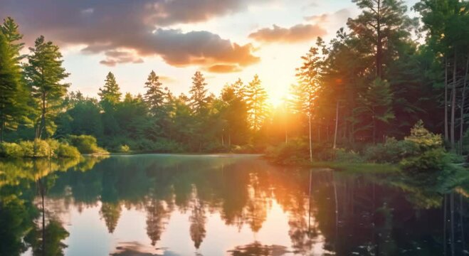 the view of the sunset in the forest reflected in the calm river footage