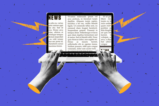 Trendy halftone collage with laptops and hands that print a newspaper on it. Modern vector design.