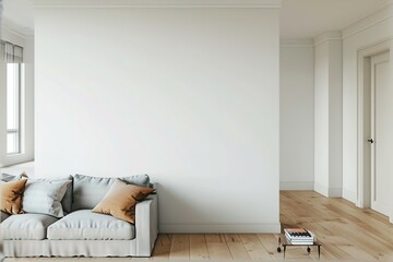 A living room view with a couch, white wall, empty wall, for a artwork mockup display no frame on the wall