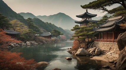 Serene, picturesque landscape unfolds, where traditional asian architecture nestles amidst natures embrace. Calm waters of lake, surrounded by rocky shores, adorned with scattered boulders. - obrazy, fototapety, plakaty