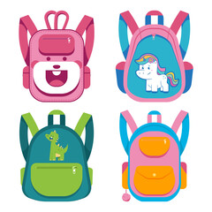 Kids school backpacks vector cartoon set isolated on a white background.