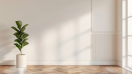 Interior empty white wall with Fiddle fig plant, wooden herringbone parquet floor, 3D illustration.