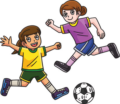 Girls Playing Soccer Cartoon Colored Clipart 