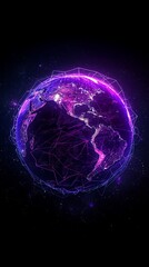Laptop view of planet Earth with purple lights and network connections, majestic ports style,
