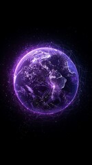 Laptop view of planet Earth with purple lights and network connections, majestic ports style,