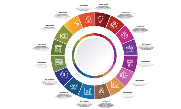 	
Collection of vector circle chart infographic templates for presentations, advertising, layouts, annual reports. 16 options, steps, parts