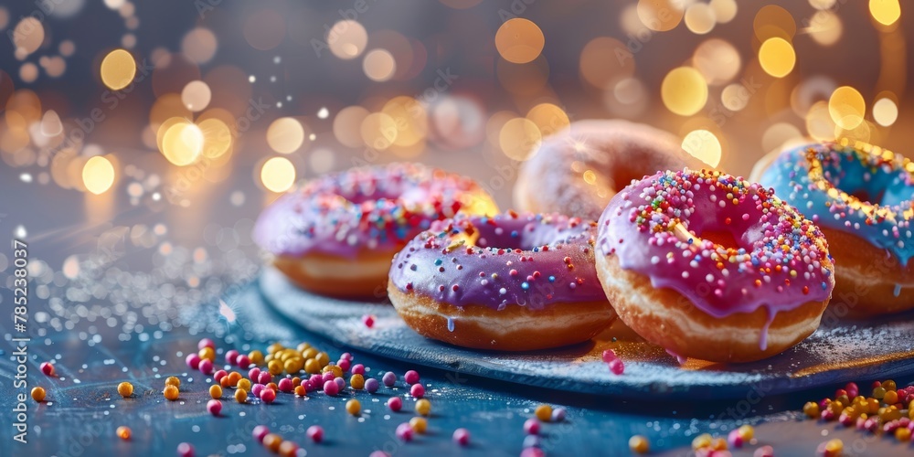 Poster assorted donuts with vibrant icing and colorful sprinkles on a festive background with bokeh lights.