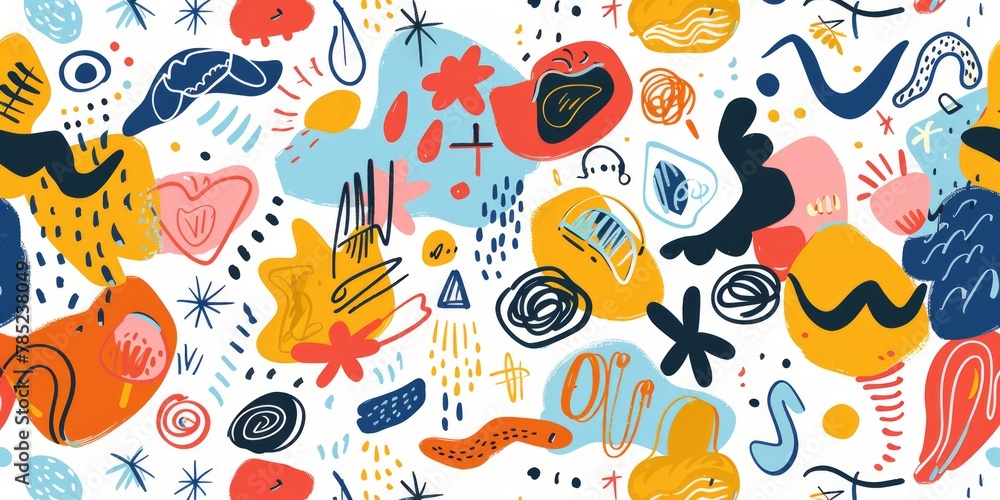 Poster a colorful, abstract painting with a lot of different shapes and patterns