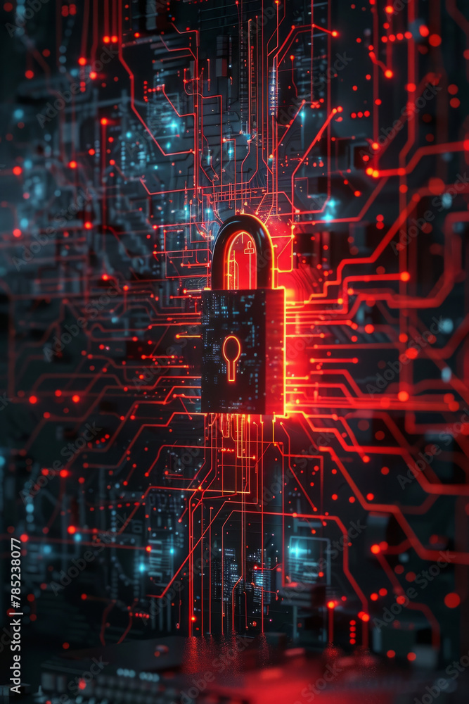 Wall mural Illustration of padlock over abstract electronic circuit background representing cyber security concept.