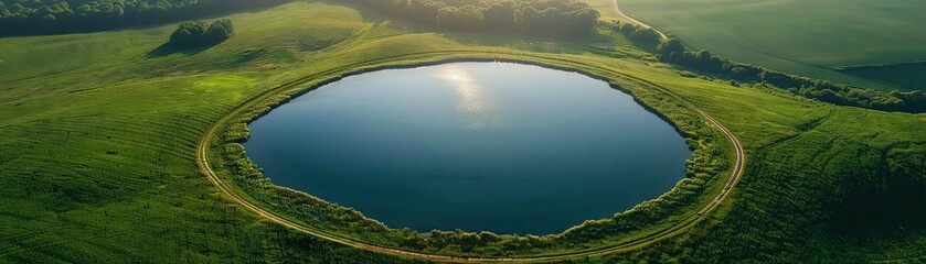 large circle lake in center of lush green farm fields with dirt roads leading to lake arial drone direct downward - obrazy, fototapety, plakaty