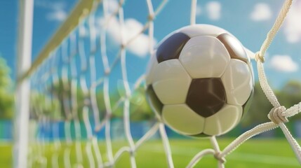 A soccer ball mid-motion as it hits the goal net with a vibrant blue sky background.