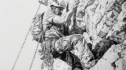 Illustrate the mental fortitude of extreme climbers in a detailed pen and ink drawing, intricate linework to show the complexity of their psychological battles