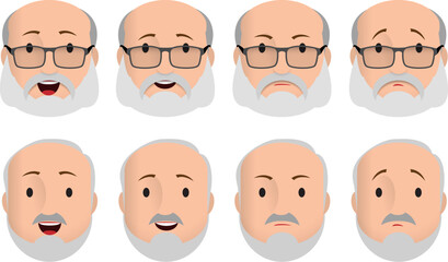 Faces icons. Old man character with different emotions. men's faces express joy, sadness, smile, discontent, boredom. Avatar for social networks, applications, web. Vector illustration