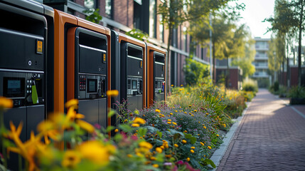 Smart waste management system with sensor-equipped bins, illustrating how technology can optimize waste collection and recycling efforts in a circular economy