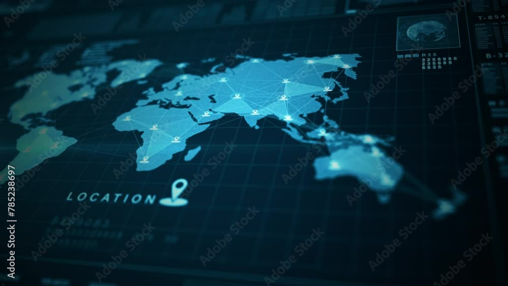 Poster data visualization interface with world map and location, graphs, and analytics indicators in blue d