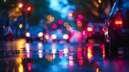 Wet urban street reflecting vibrant bokeh lights on a rainy night with parked cars.