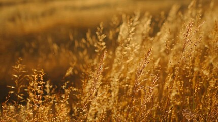 The warm golden light of the setting sun bathes a field of wild grass, capturing the essence of late summer.