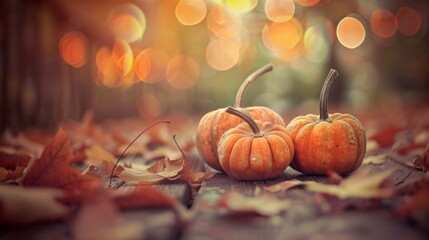 Three pumpkins surrounded by autumn leaves with a warm bokeh light background, embodying the essence of fall.