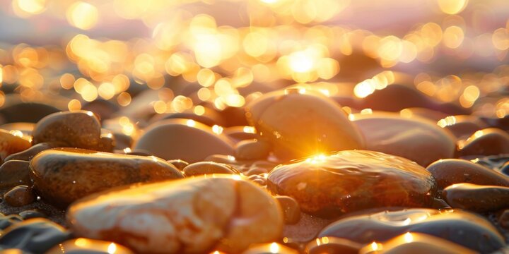 Golden sunset light reflecting on smooth wet pebbles at the beach.