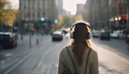 Fototapeta premium usiness woman listening to music with earphones while commuting in the morning.