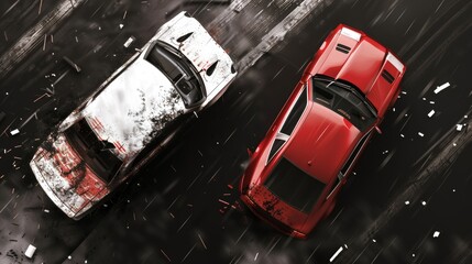 Two red sports cars in a dynamic high-speed pursuit on a rainy street, with motion blur.