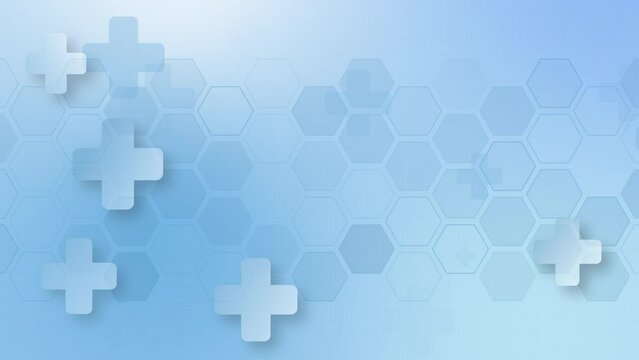 White crosses and hexagons on blue medical background with electric animation hexagon. Loop motion graphic.