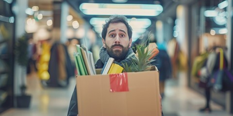 An overwhelmed man with a full beard carries a large, heavy cardboard box filled with various items. - obrazy, fototapety, plakaty
