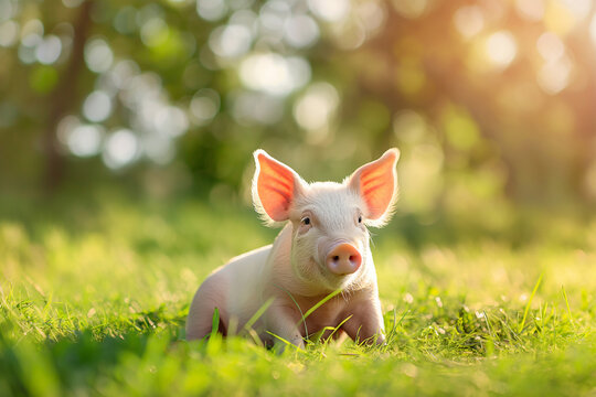 Piglet lying in green grass with sunlight. Outdoor pig portrait with bokeh background. Farm life and animal welfare concept. Springtime rural scene.