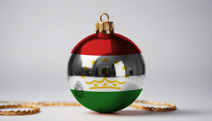 New Year's ball with the flag of Tajikistan on white table background. Concept christmas and New Year.