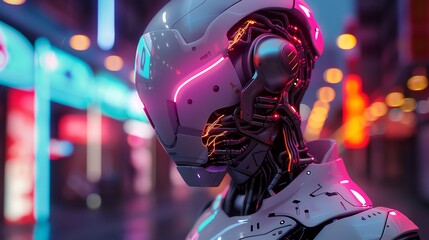 Produce a detailed, photorealistic digital rendering of a sleek, futuristic robotic detective with intricate circuit patterns, glowing LED eyes, and metallic armor, in the act of examining a crime sce - Powered by Adobe