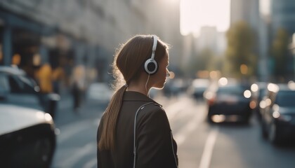 usiness woman listening to music with earphones while commuting in the morning.