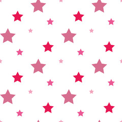 Seamless pattern with festive pink stars on white backgound. Vector image.