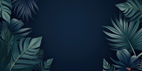 Navy Blue frame background, tropical leaves and plants around the navy blue rectangle in the middle of the photo with space for text - obrazy, fototapety, plakaty