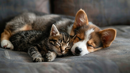 Naklejka na ściany i meble A heartwarming scene of a puppy and kitten sharing a loving bond while lying together.