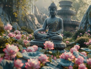 A statue of a Buddha is sitting in a field of pink flowers. The statue is surrounded by a beautiful, serene landscape. Scene is peaceful and calming